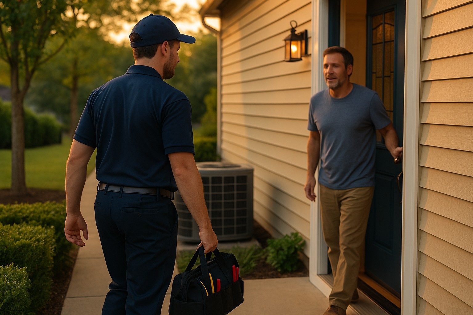 HVAC technician talking with a homeowner outside their house