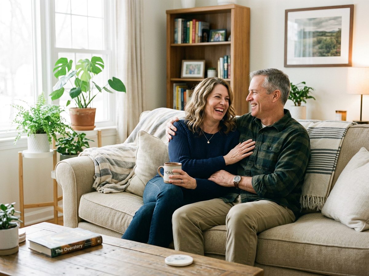 Homeowners relaxing in a comfortable living room after an HVAC upgrade