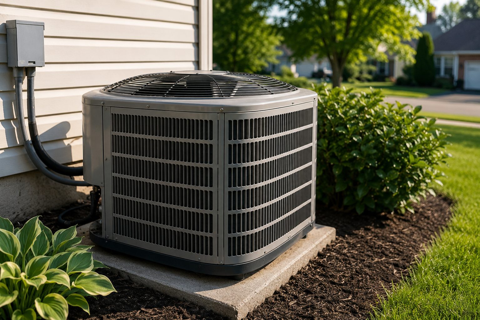 Residential outdoor air conditioning condenser unit beside a suburban home