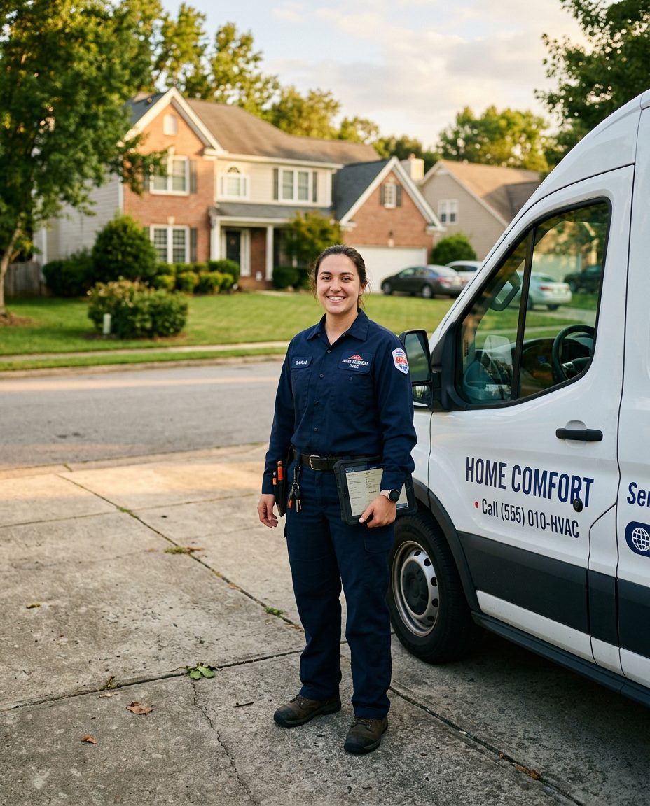 Summit Heating and Air technician with a tablet beside the service van in a customer driveway